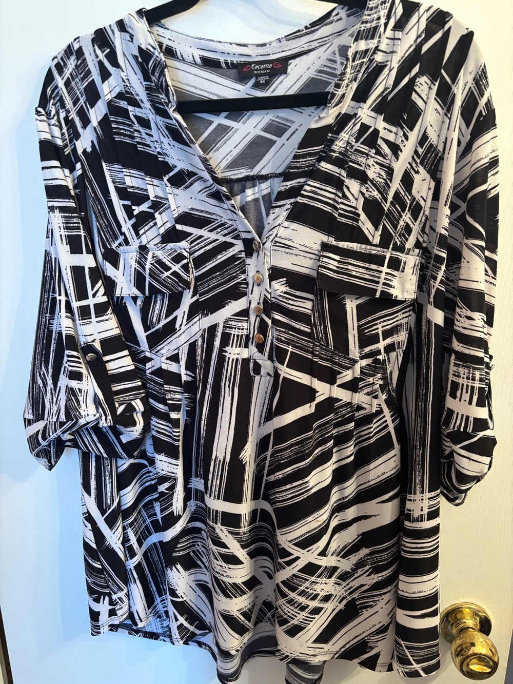 Cocomo Womens  3X Black White Blouse Pintuck Front Top